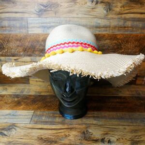Shiraleah Womens Vea Hat Woven Summer White Beige Poms NEW